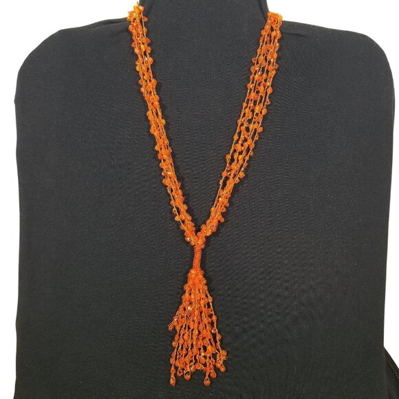 Vintage Orange Bead Necklace with a Tassel  Acrylic Bicone and Bugle Beads - Picture 2 of 13